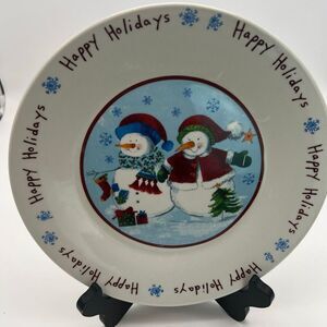 Winter Dinner Plate White Round Happy Holidays Snowflakes Snowman Couple Dish